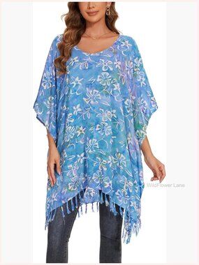 Batik Short Kaftan Tunic Top Plus Size XL-4X V-Neck Fringe
